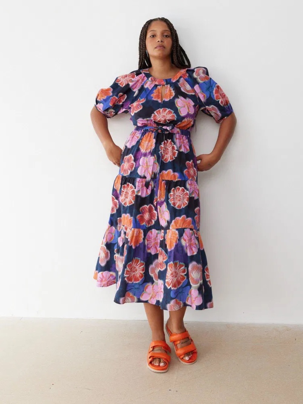 Oliver Bonas Blue Cotton Floral Print Tiered Keyhole Midi Dress